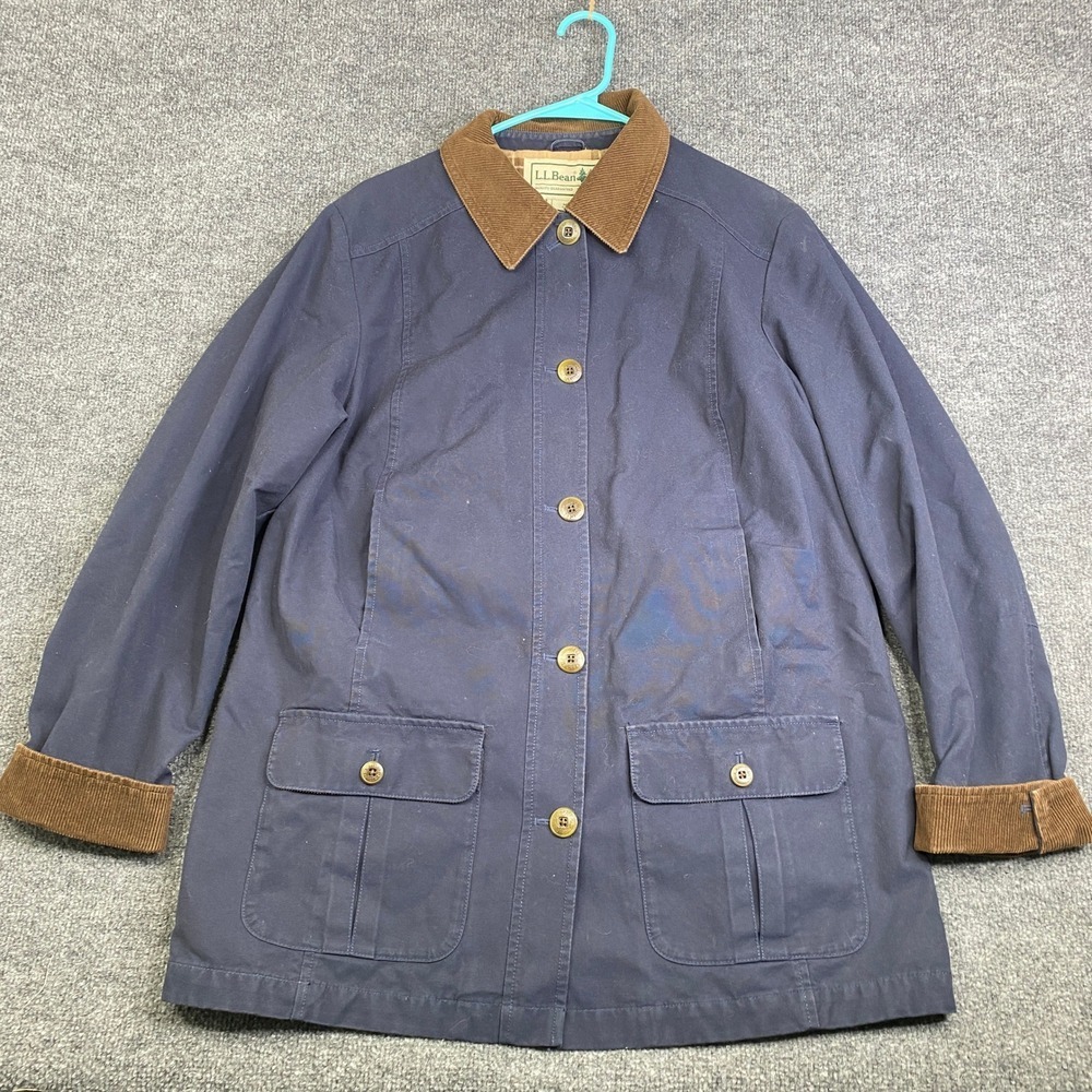 VTG LL Bean Barn Jacket Navy Blue Corduroy Trim Field Coat Womens Medium Chore